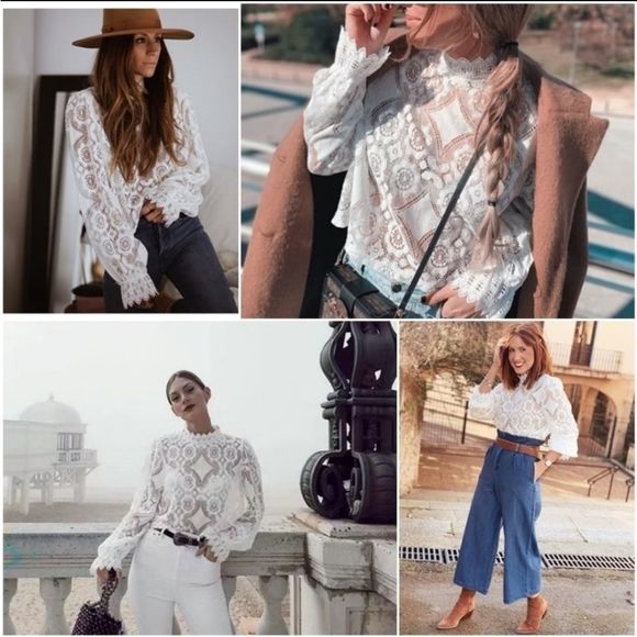 Restocking White Lace High Neck Long Sleeve Shirt - Picture 8 of 11